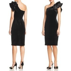 Eliza J Black Velvet One-Shoulder Ruffle Midi Sheath Cocktail Dress | Size 6